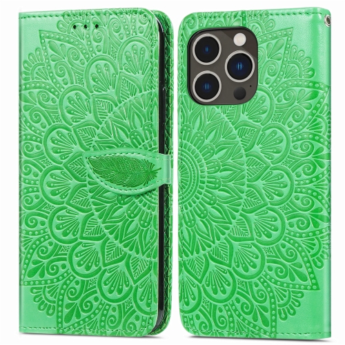 

For iPhone 15 Pro Blooming Mandala Embossed Wings Buckle Leather Phone Case(Green)
