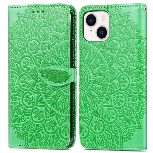 

For iPhone 15 Blooming Mandala Embossed Wings Buckle Leather Phone Case(Green)