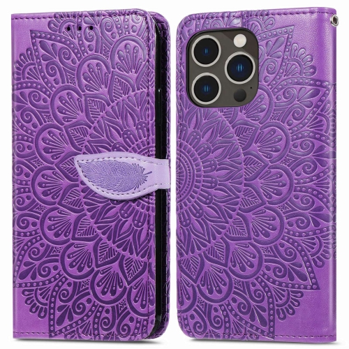 

For iPhone 14 Pro Max Blooming Mandala Embossed Wings Buckle Leather Phone Case(purple)