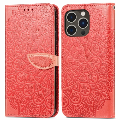 

For iPhone 14 Pro Blooming Mandala Embossed Wings Buckle Leather Phone Case(Red)