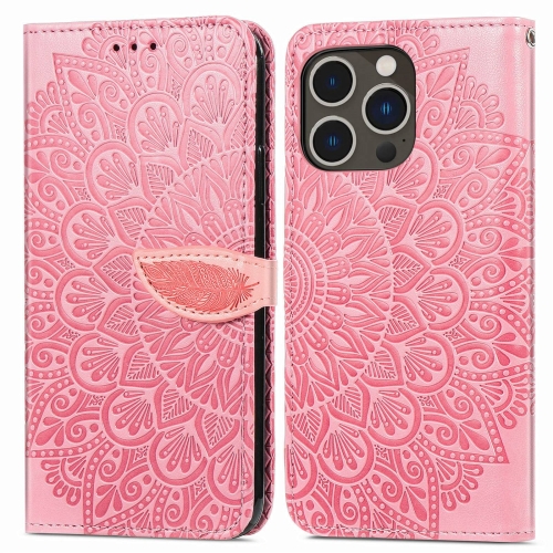 

For iPhone 14 Pro Blooming Mandala Embossed Wings Buckle Leather Phone Case(Pink)