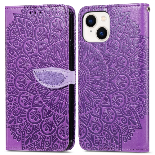 

For iPhone 14 Plus Blooming Mandala Embossed Wings Buckle Leather Phone Case(purple)
