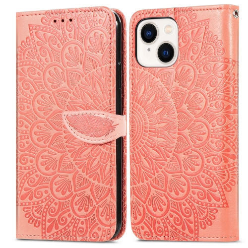 

For iPhone 14 Plus Blooming Mandala Embossed Wings Buckle Leather Phone Case(Orange)