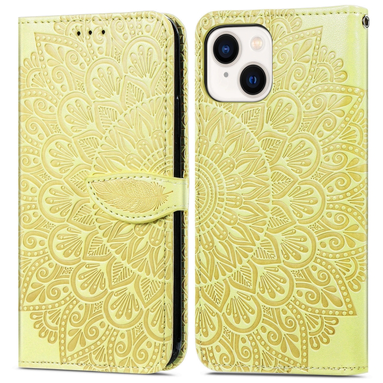 

For iPhone 14 Plus Blooming Mandala Embossed Wings Buckle Leather Phone Case(Yellow)