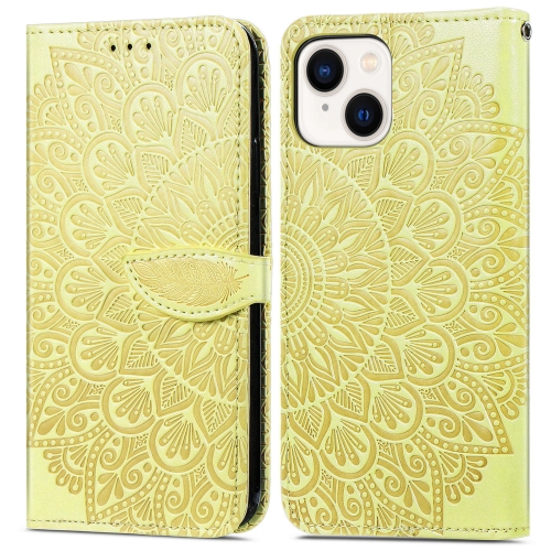 

For iPhone 14 Blooming Mandala Embossed Wings Buckle Leather Phone Case(Yellow)