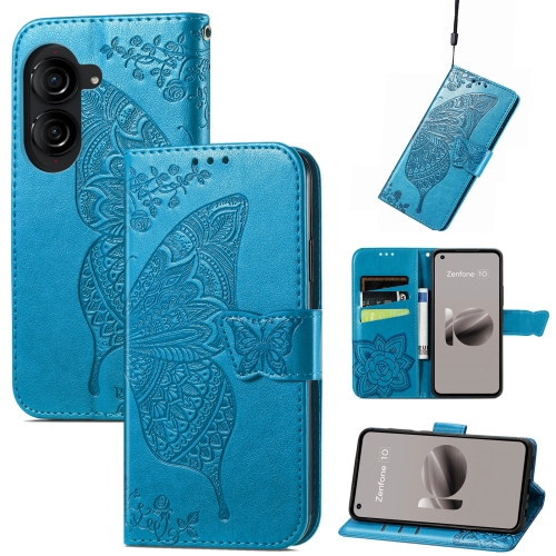 

For Asus Zenfone 10 Butterfly Love Flower Embossed Leather Phone Case(Blue)
