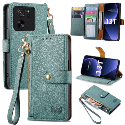 

For Xiaomi 13T Love Zipper Lanyard Leather Phone Case(Green)