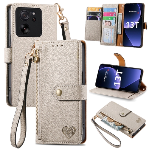 

For Xiaomi 13T Love Zipper Lanyard Leather Phone Case(Gray)