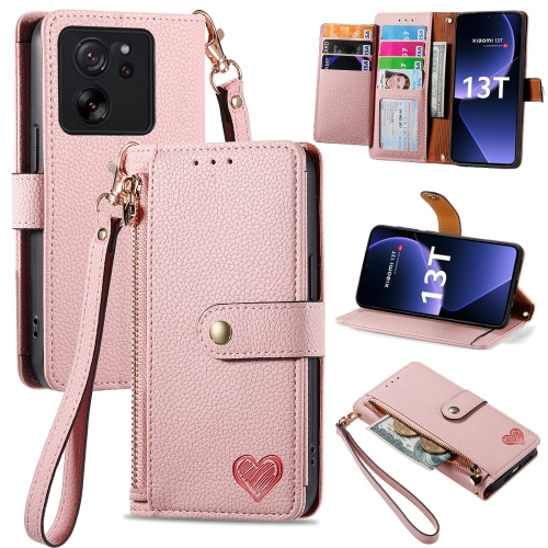 

For Xiaomi 13T Love Zipper Lanyard Leather Phone Case(Pink)