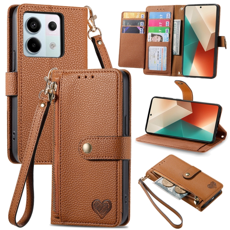 

For Redmi Note 13 Pro 5G Love Zipper Lanyard Leather Phone Case(Brown)