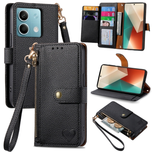 

For Redmi Note 13 5G Love Zipper Lanyard Leather Phone Case(Black)