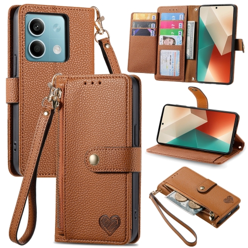 

For Redmi Note 13 5G Love Zipper Lanyard Leather Phone Case(Brown)