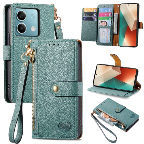 

For Xiaomi Redmi Note 13 5G Love Zipper Lanyard Leather Phone Case(Green)