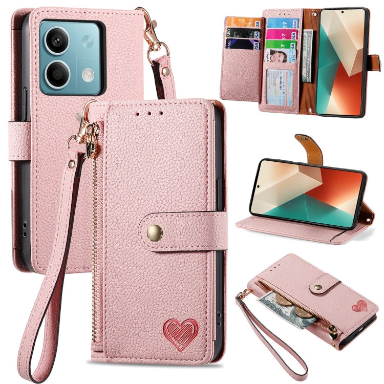 

For Redmi Note 13 5G Love Zipper Lanyard Leather Phone Case(Pink)