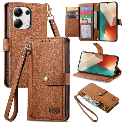 

For Xiaomi Redmi Note 13 4G Love Zipper Lanyard Leather Phone Case(Brown)