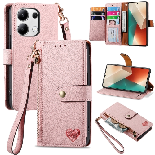 

For Redmi Note 13 4G Love Zipper Lanyard Leather Phone Case(Pink)