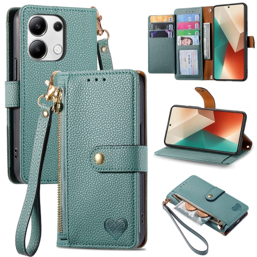 

For Xiaomi Redmi Note 13 Pro 4G Love Zipper Lanyard Leather Phone Case(Green)