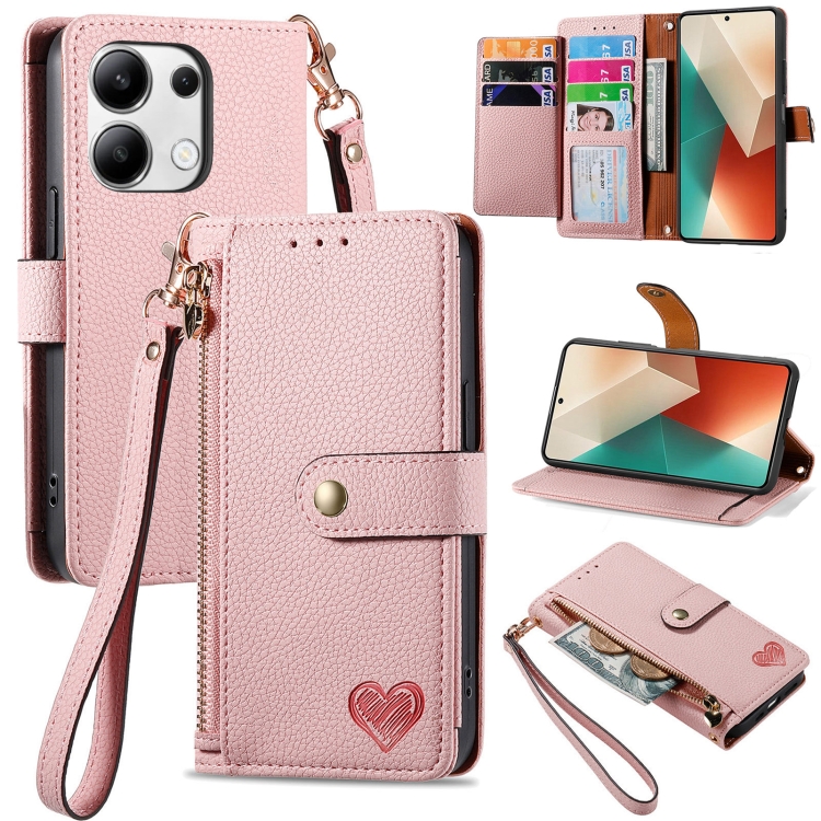 

For Xiaomi Redmi Note 13 Pro 4G Love Zipper Lanyard Leather Phone Case(Pink)