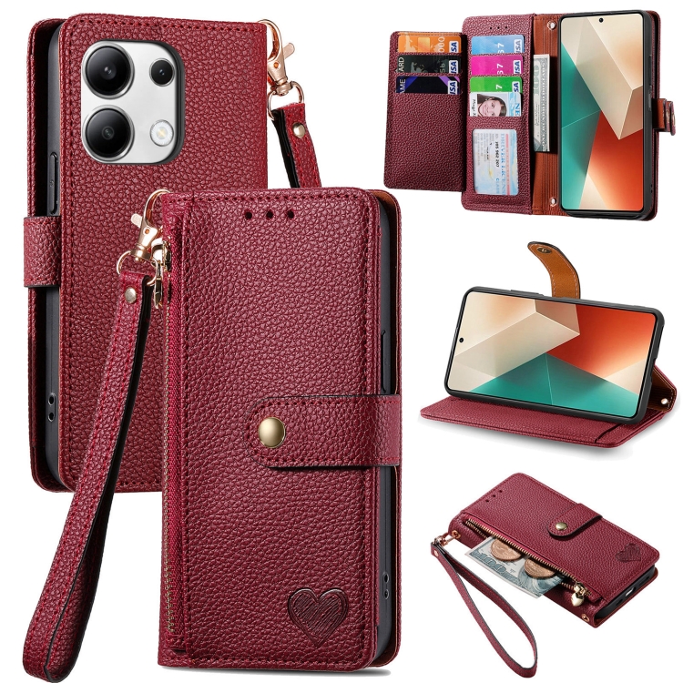 

For Xiaomi Redmi Note 13 Pro 4G Love Zipper Lanyard Leather Phone Case(Red)
