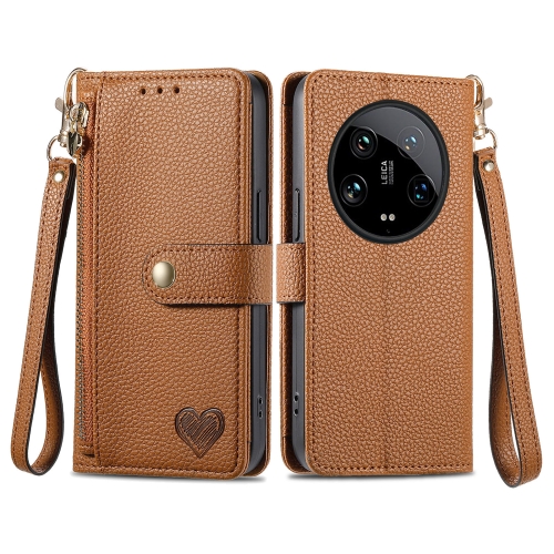 

For Xiaomi 14 Ultra Love Zipper Lanyard Leather Phone Case(Brown)