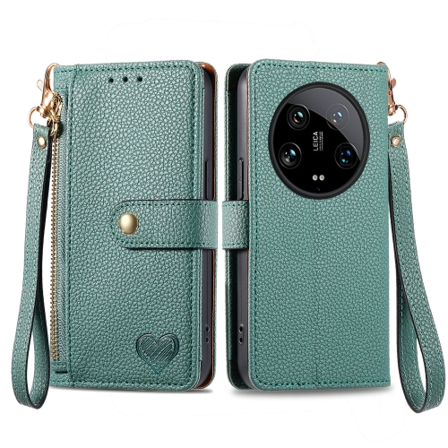 

For Xiaomi 14 Ultra Love Zipper Lanyard Leather Phone Case(Green)