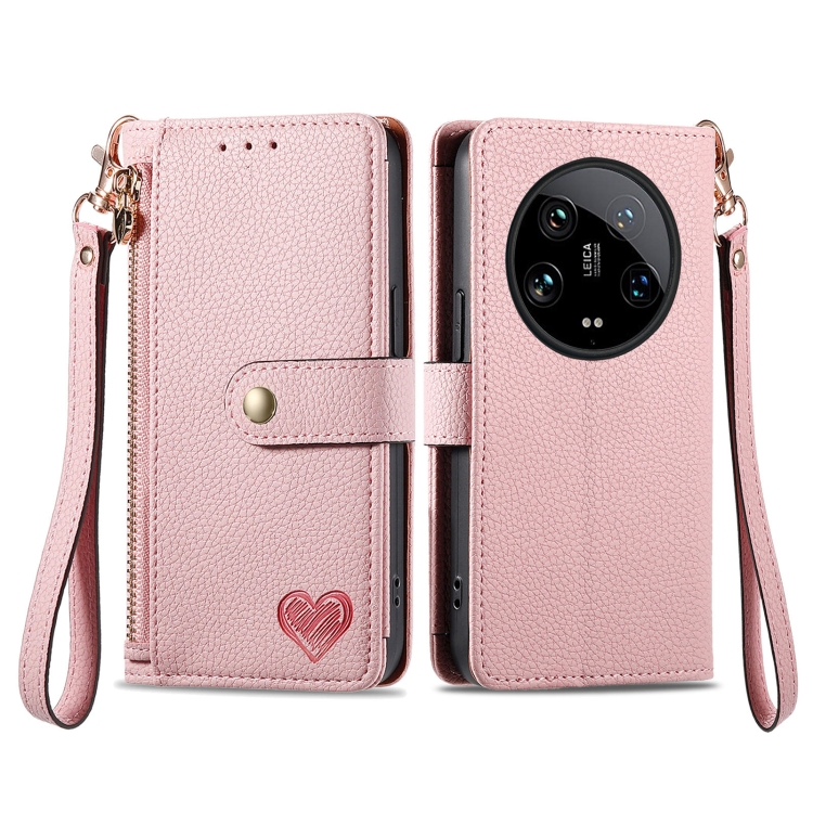 

For Xiaomi 14 Ultra Love Zipper Lanyard Leather Phone Case(Pink)