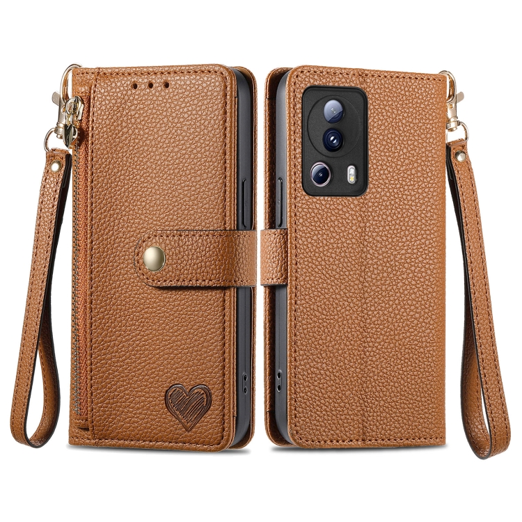 

For Xiaomi 13 Lite Love Zipper Lanyard Leather Phone Case(Brown)