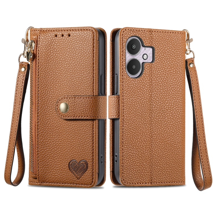 

For Xiaomi Redmi 13C 5G Love Zipper Lanyard Leather Phone Case(Brown)