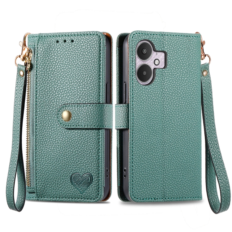 

For Xiaomi Redmi 13C 5G Love Zipper Lanyard Leather Phone Case(Green)