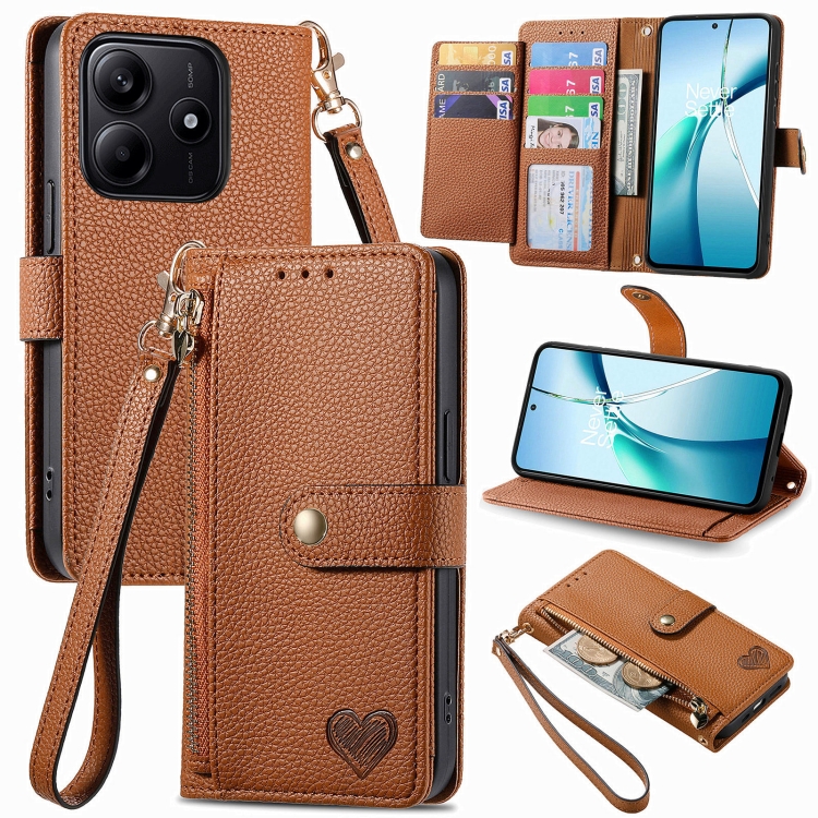 

For Xiaomi Redmi Note 14 5G Love Zipper Lanyard Leather Phone Case(Brown)