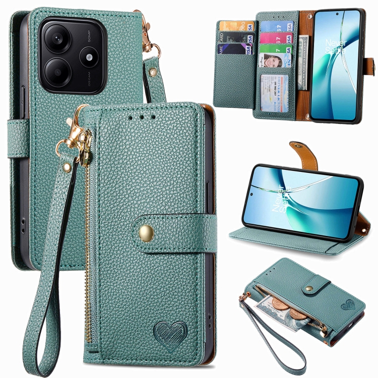 

For Xiaomi Redmi Note 14 5G Love Zipper Lanyard Leather Phone Case(Green)