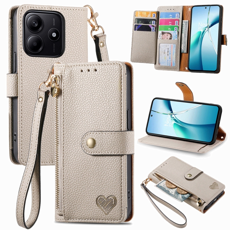 

For Xiaomi Redmi Note 14 5G Love Zipper Lanyard Leather Phone Case(Gray)