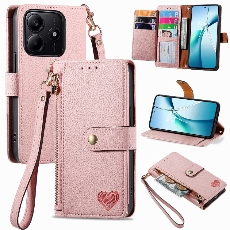

For Xiaomi Redmi Note 14 5G Love Zipper Lanyard Leather Phone Case(Pink)