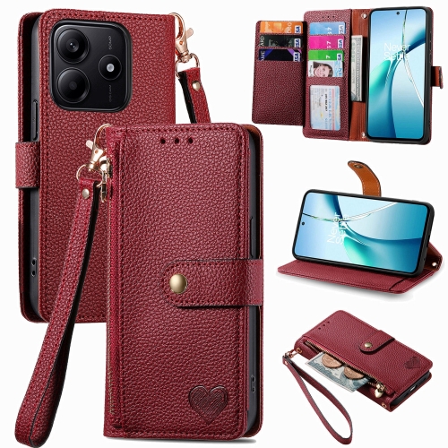 

For Xiaomi Redmi Note 14 5G Love Zipper Lanyard Leather Phone Case(Red)