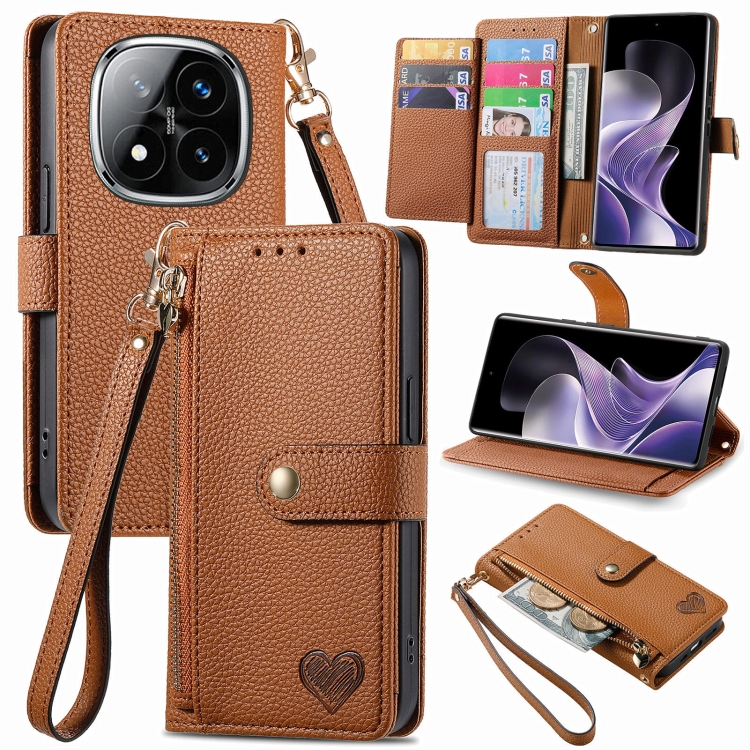 

For Xiaomi Redmi Note 14 Pro 5G Love Zipper Lanyard Leather Phone Case(Brown)