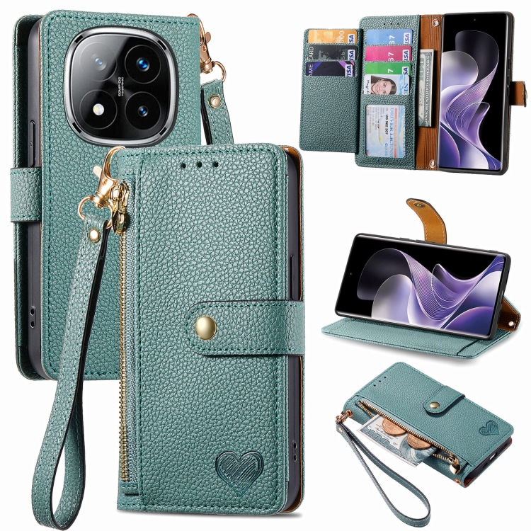

For Xiaomi Redmi Note 14 Pro 5G Love Zipper Lanyard Leather Phone Case(Green)