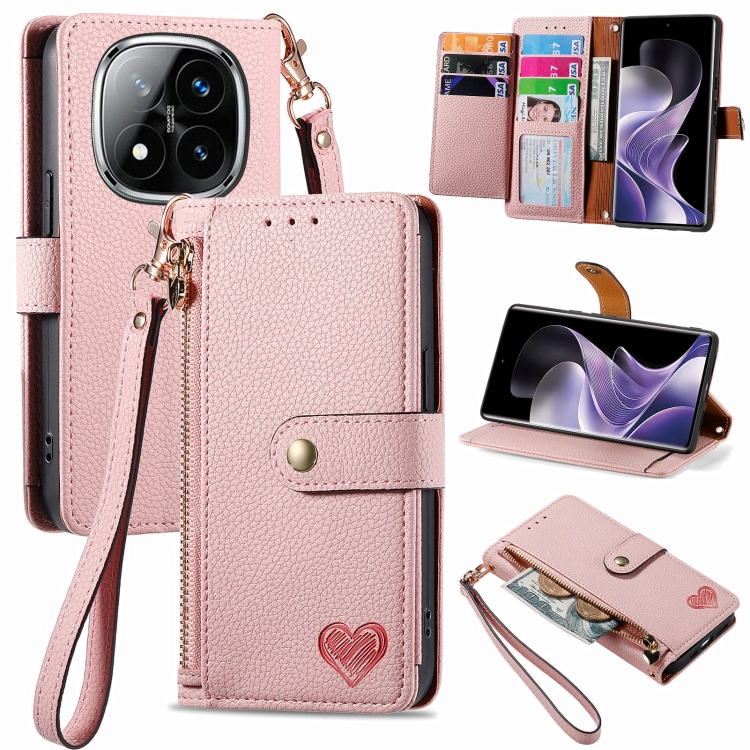 

For Xiaomi Redmi Note 14 Pro 5G Love Zipper Lanyard Leather Phone Case(Pink)