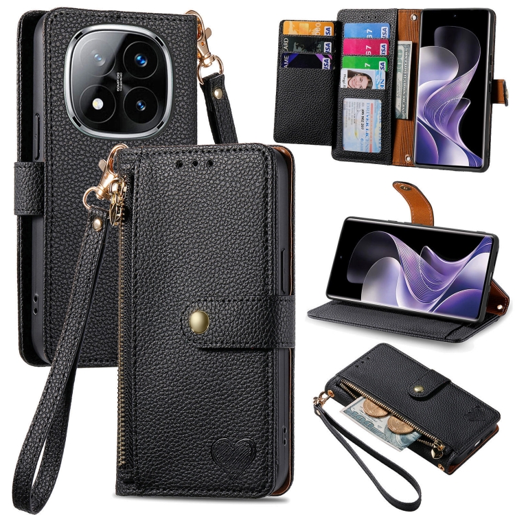 

For Xiaomi Redmi Note 14 Pro+ 5G Love Zipper Lanyard Leather Phone Case(Black)