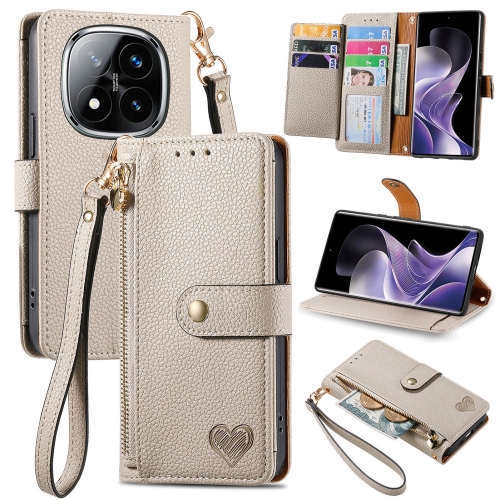 

For Xiaomi Redmi Note 14 Pro+ 5G Love Zipper Lanyard Leather Phone Case(Gray)