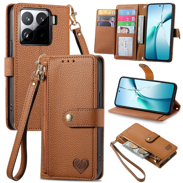 

For Xiaomi 15 Love Zipper Lanyard Leather Phone Case(Brown)