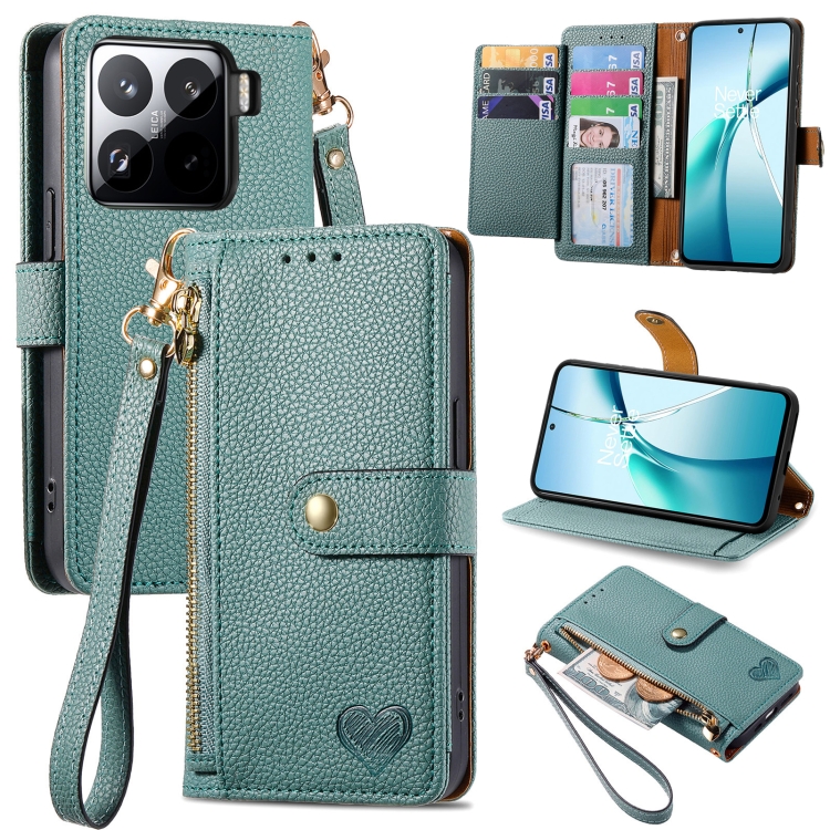 

For Xiaomi 15 Love Zipper Lanyard Leather Phone Case(Green)