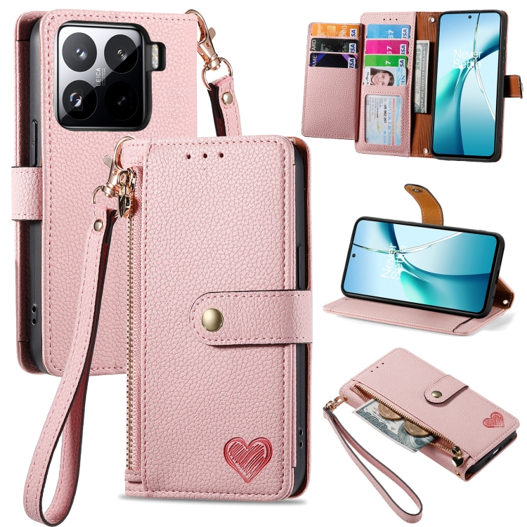 

For Xiaomi 15 Love Zipper Lanyard Leather Phone Case(Pink)