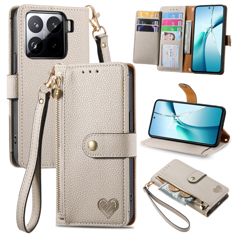 

For Xiaomi 15 Pro Love Zipper Lanyard Leather Phone Case(Gray)