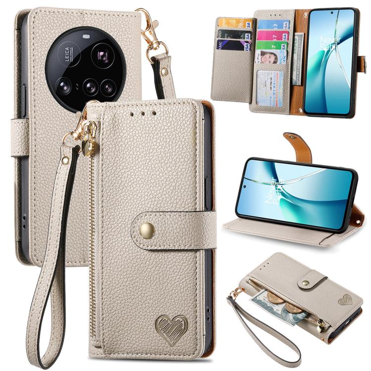 

For Xiaomi 15 Ultra Love Zipper Lanyard Leather Phone Case(Gray)
