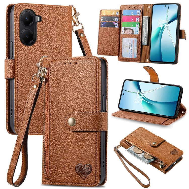 

For Redmi Turbo 4 Love Zipper Lanyard Leather Phone Case(Brown)