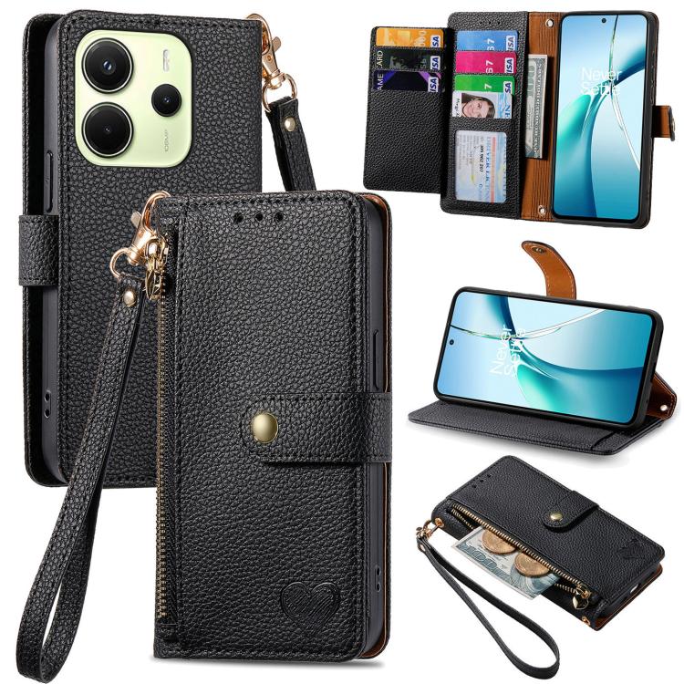 

For Redmi Note 14 4G 164.84mm Love Zipper Lanyard Leather Phone Case(Black)