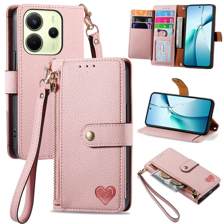 

For Redmi Note 14 4G 164.84mm Love Zipper Lanyard Leather Phone Case(Pink)