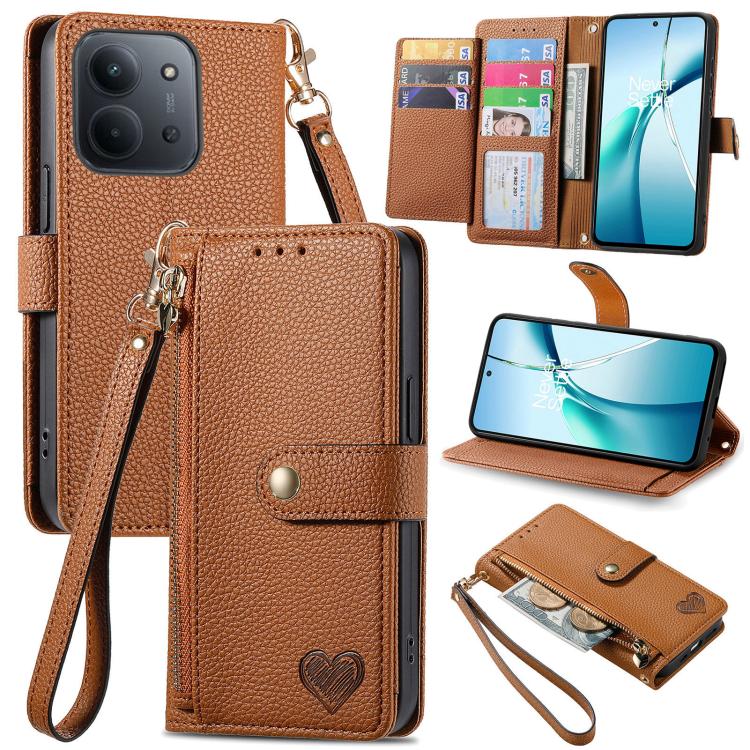 

For Redmi 15C 5G / 4G Glodal 171mm Love Zipper Lanyard Leather Phone Case(Brown)