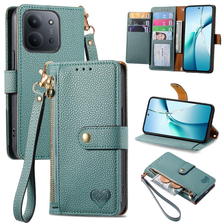 

For Redmi 15C 5G / 4G Glodal 171mm Love Zipper Lanyard Leather Phone Case(Green)