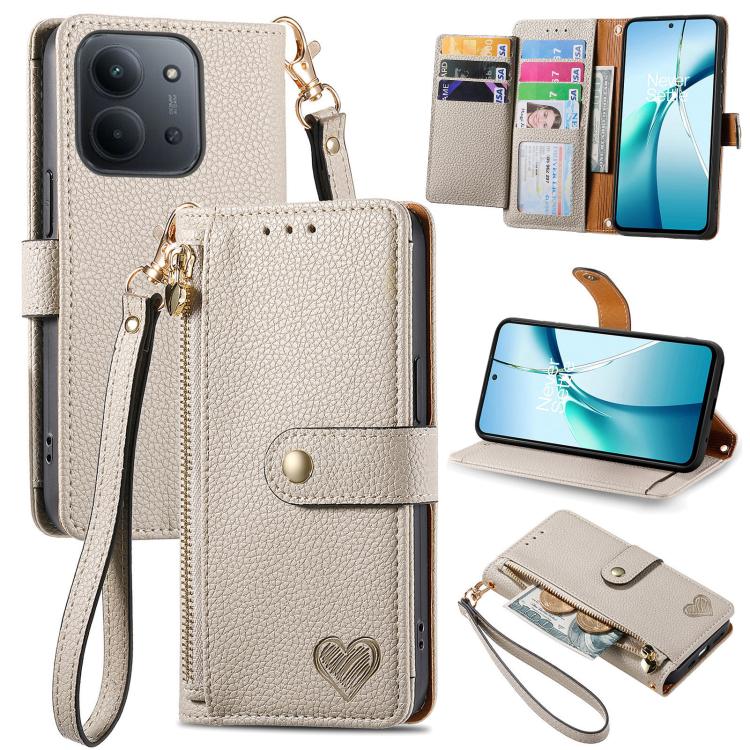 

For Redmi 15C 5G / 4G Glodal 171mm Love Zipper Lanyard Leather Phone Case(Gray)